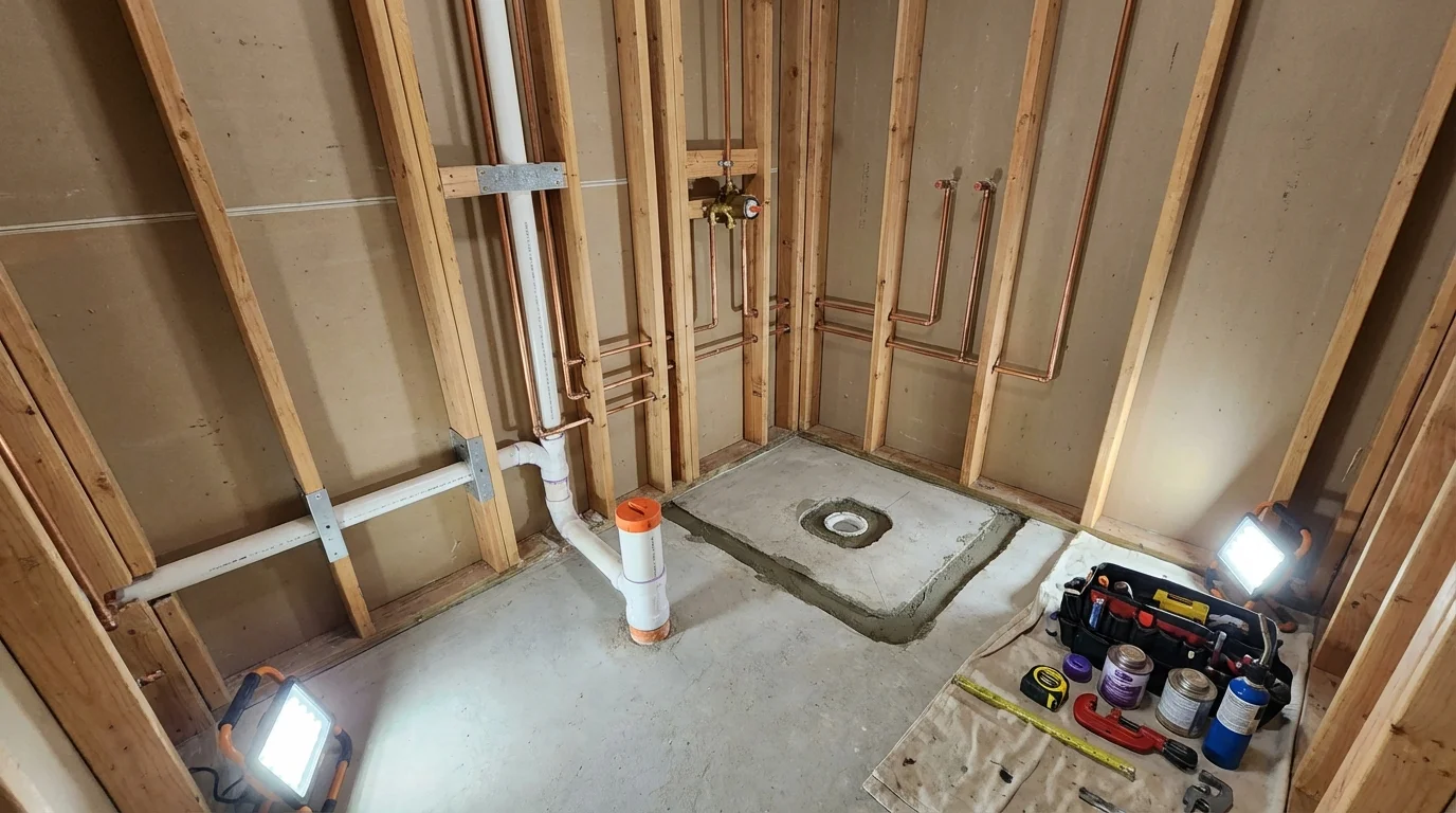 Bathroom rough-in plumbing during remodel by Johns Plumbing LLC in Norwood Young America