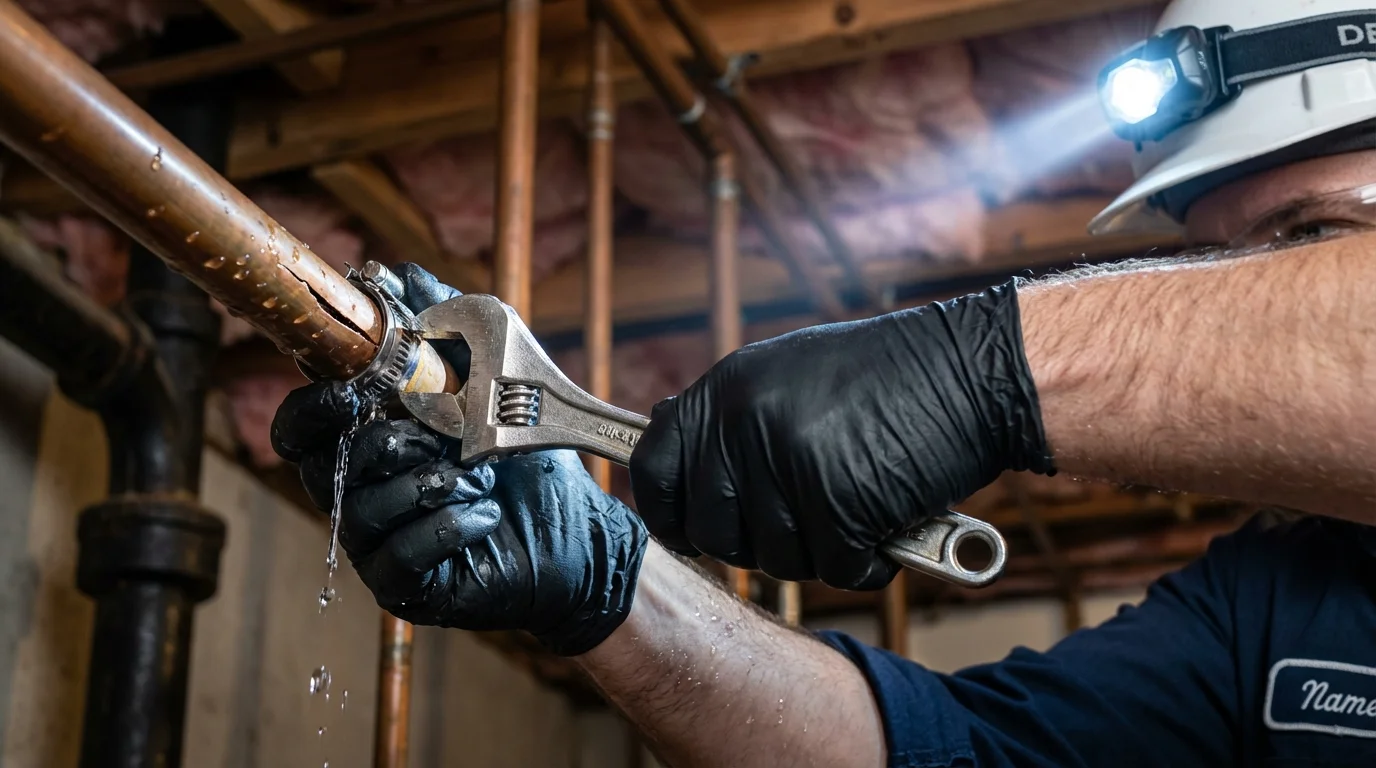 Emergency pipe clamp repair being performed by a Johns Plumbing LLC plumber in Norwood Young America
