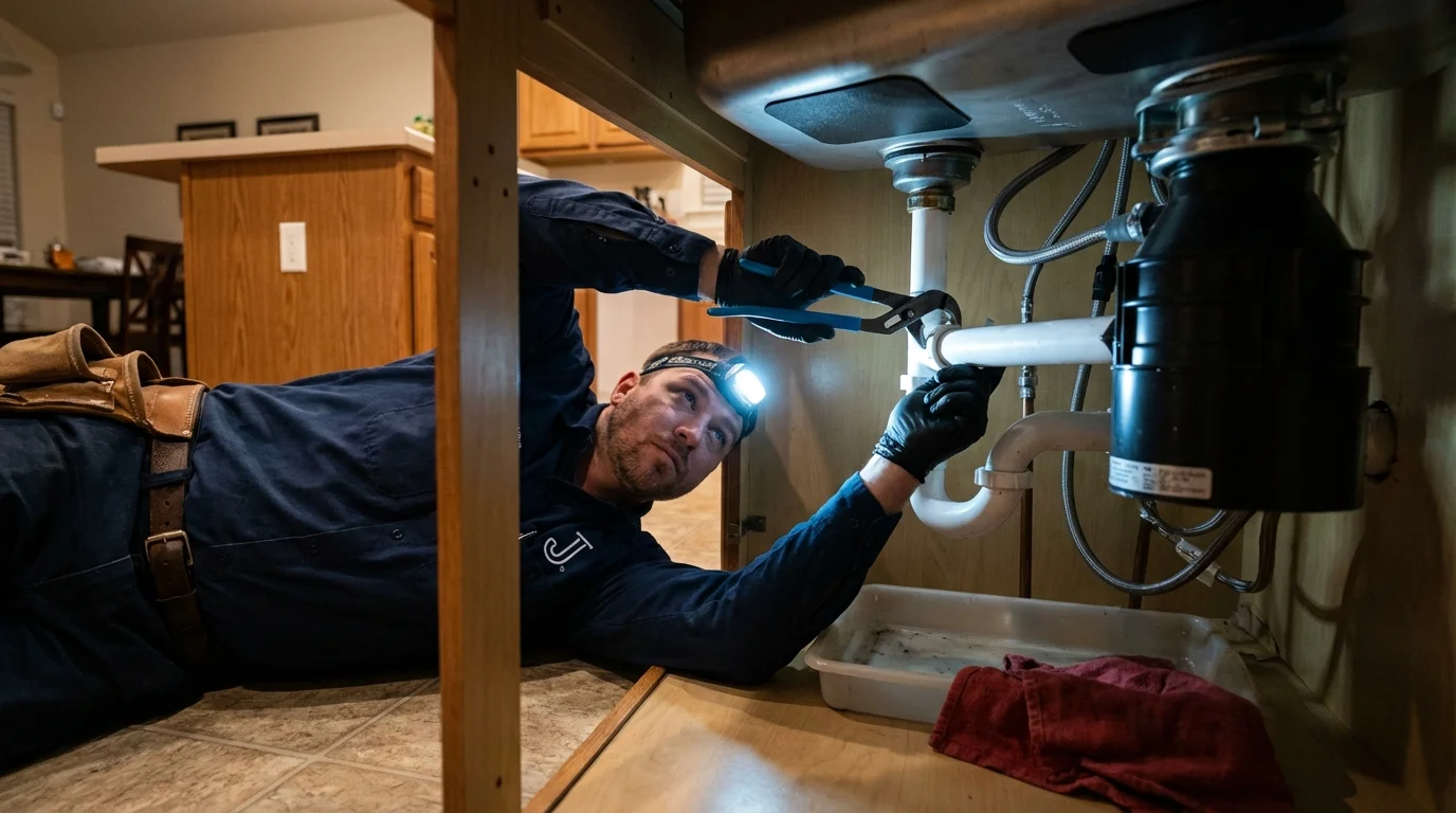 P-trap and supply line connections under a kitchen sink showing a common leak point in Norwood Young America, MN